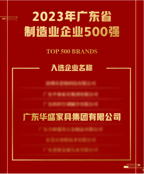 华盛家具集团再次荣登广东省制造业企业500强荣誉榜！